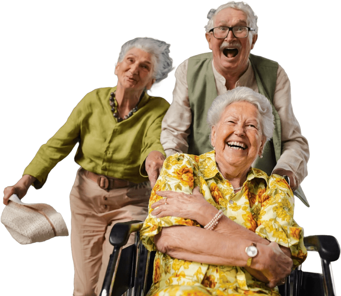 Three Joyful Elderly Friends Laughing Together at an Independent Living Facility Three Joyful Elderly Friends Laughing Together at an Independent Living Facility