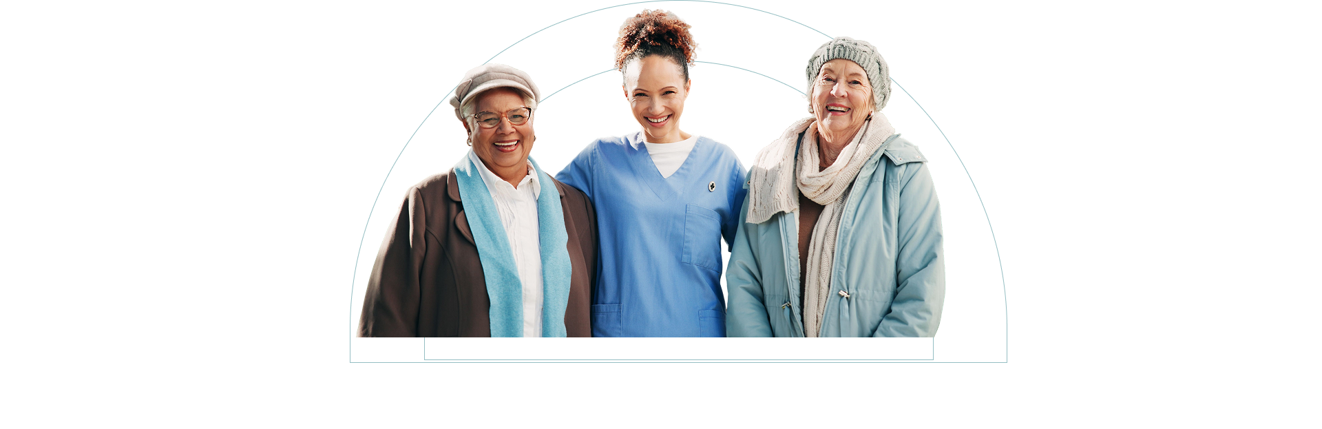 Female Nurse Standing with Two Elderly Women Smiling in Independent Living Female Nurse Standing with Two Elderly Women Smiling in Independent Living