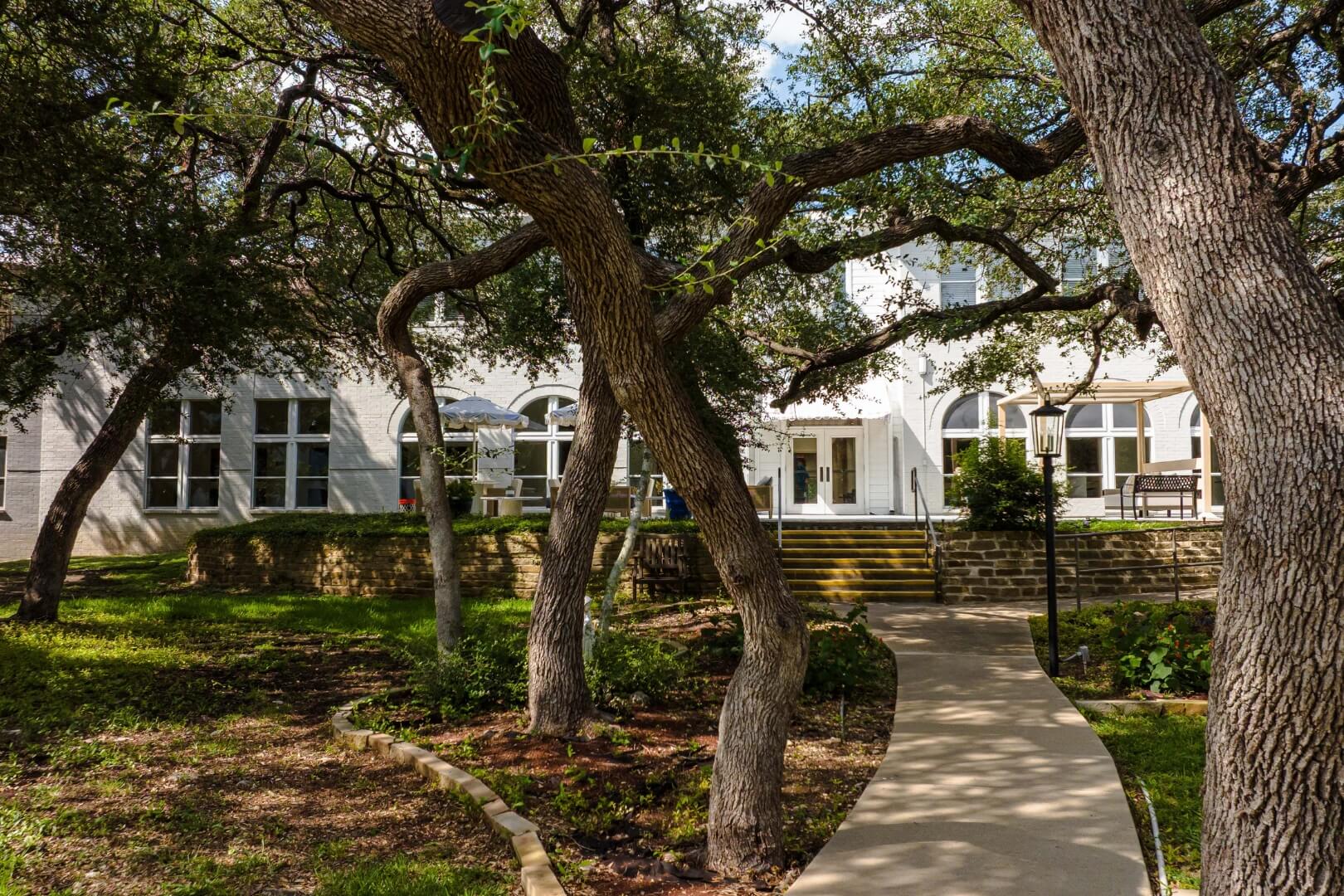 Walking Path Under Oak Trees at an Assisted Living Facility
